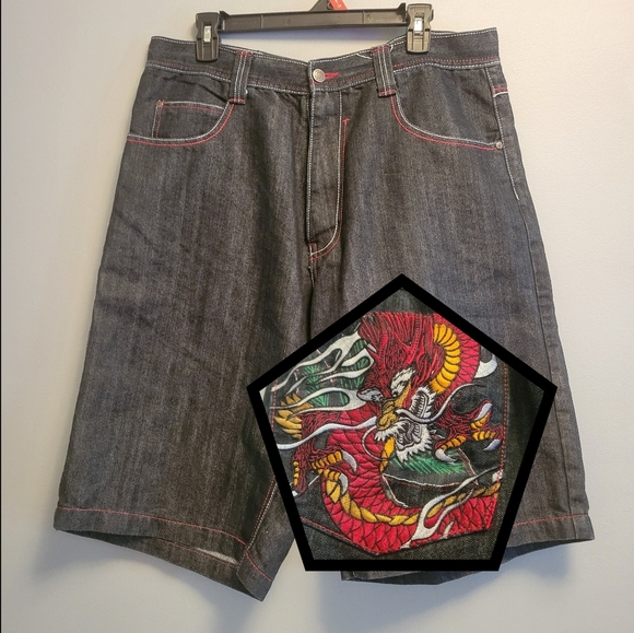Vintage 90s EXA Men’s Blue Jean Shorts Size 38 Red Dragon Stitching - Picture 1 of 8